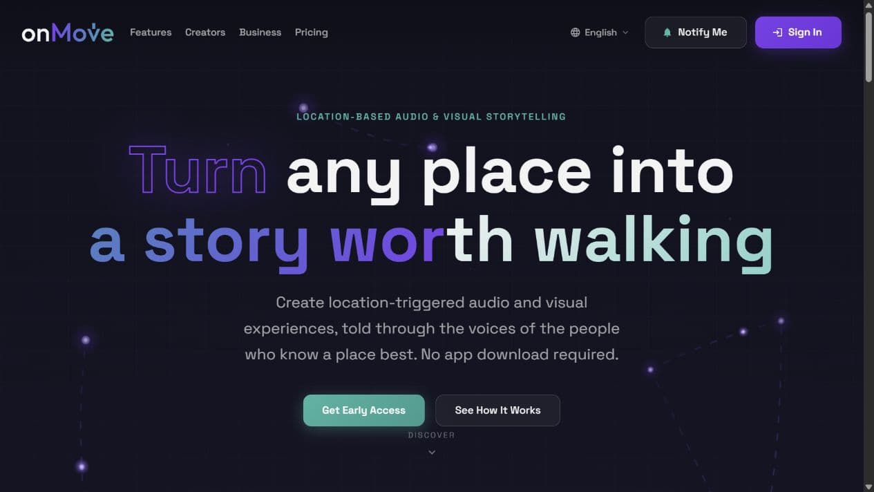 The live OnMove product homepage presenting location-based audio and visual storytelling